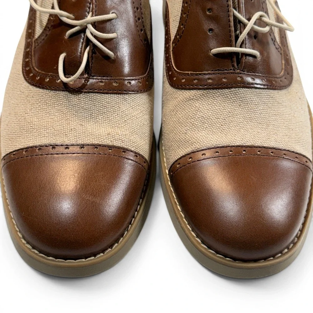 Johnston & Murphy Two Tone Cap Toe Oxford Shoes Men 9.5 M Tan Leather Canvas New